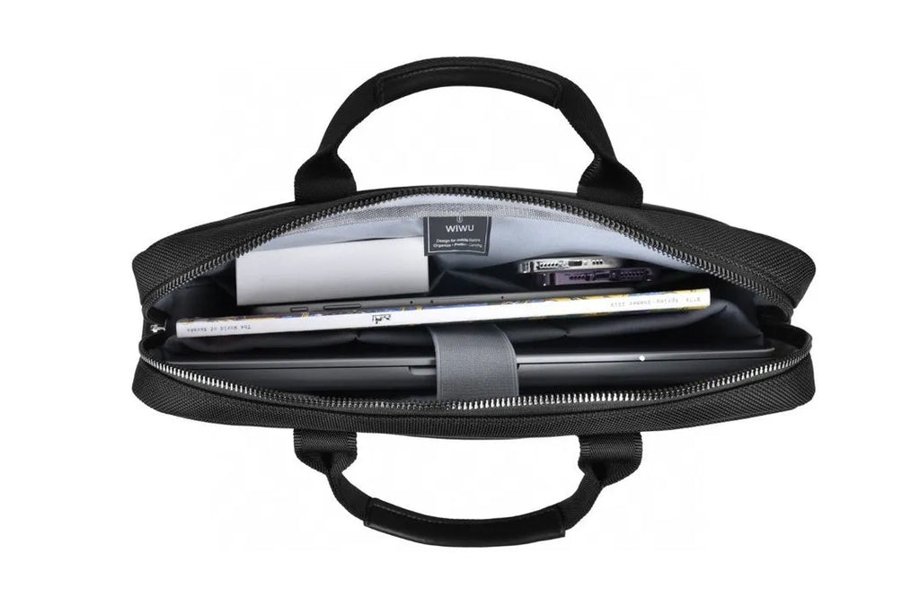 Black Oxford cloth laptop backpack showing multi-pocket organisation and a lock feature.