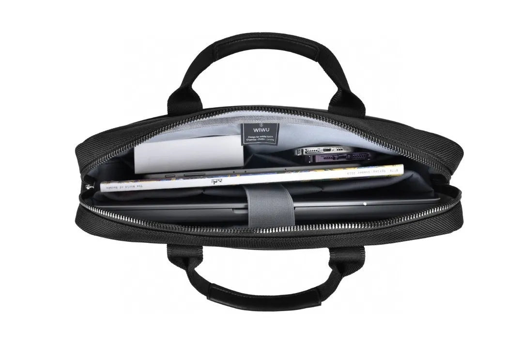 Black Oxford cloth laptop backpack showing multi-pocket organisation and a lock feature.