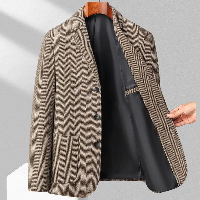 Men's loose fit solid colour wool blend coat for spring and autumn in black, khaki, gray, or dark blue.