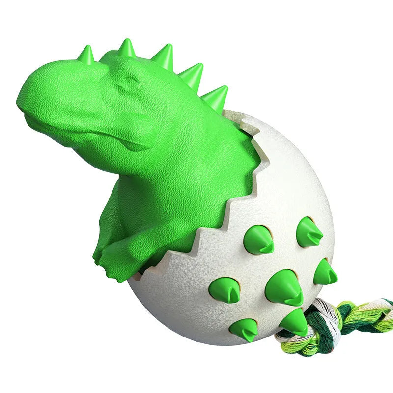 Blue dinosaur-shaped rubber dog chew toy with rope and textured cleaning nubs for aggressive chewers.