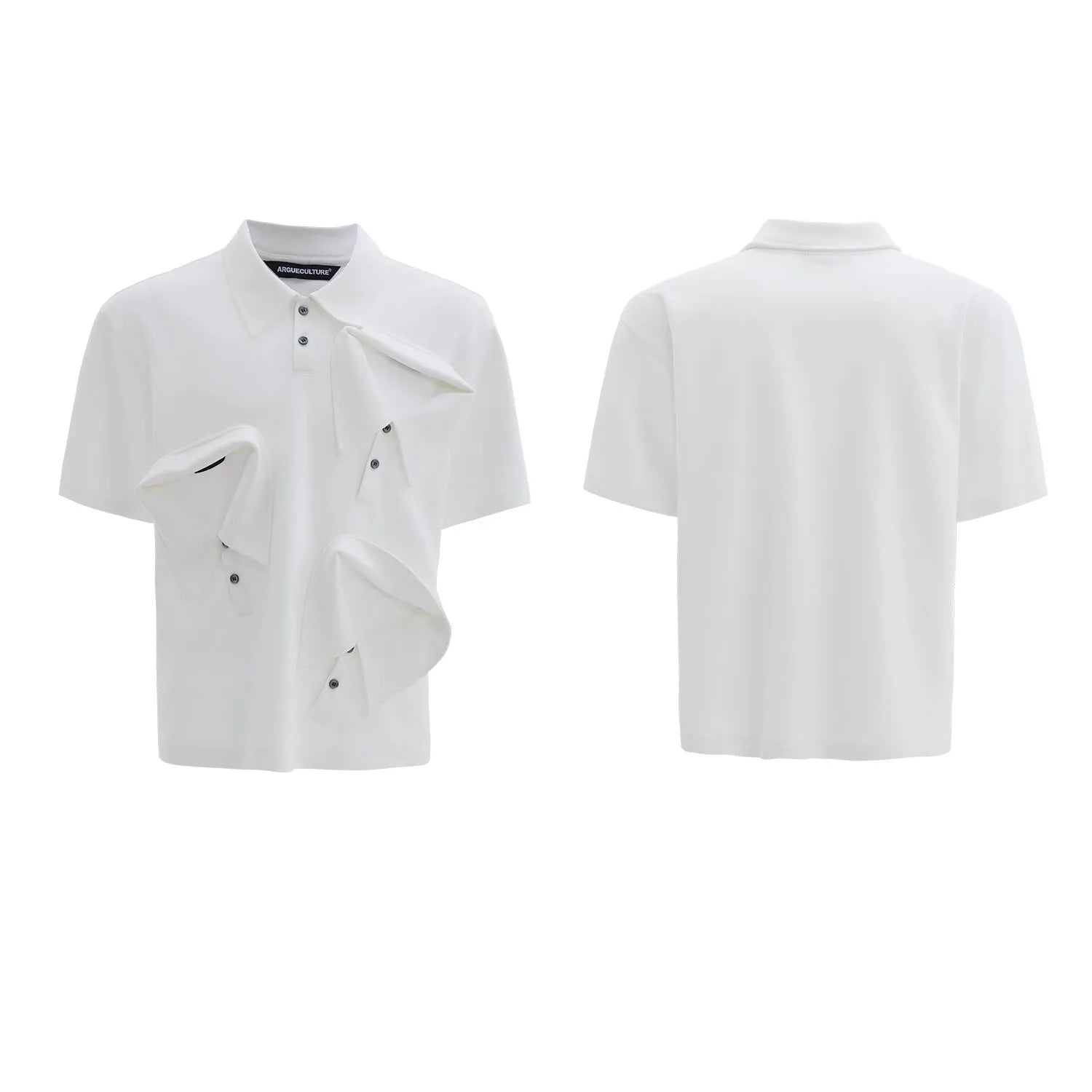 Man modelling a loose-fit black polo shirt with a deconstructed collar and a geometric pattern on the chest.