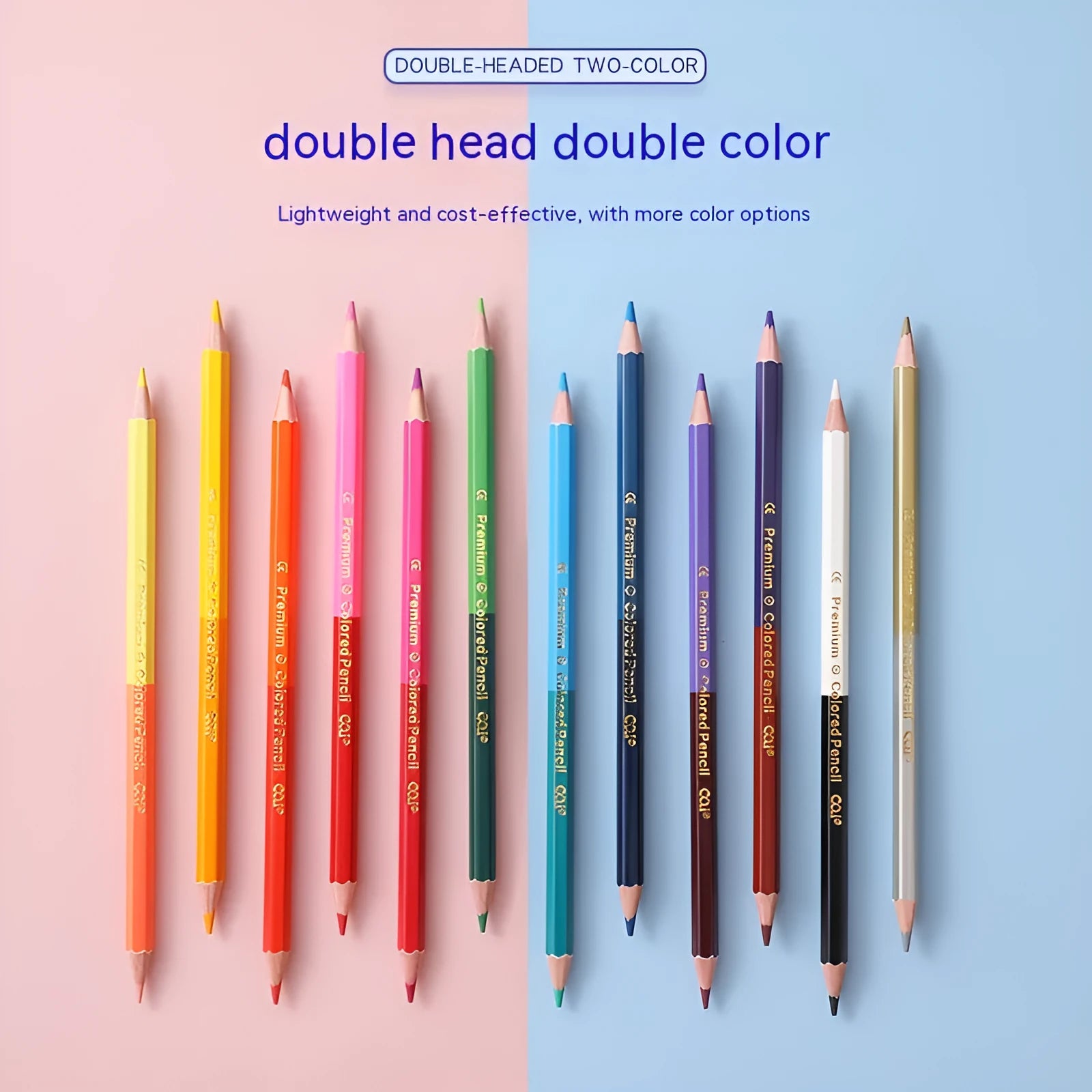Set of wooden double-headed colour pencils showing both pencil tip and brush tip, arranged in a case.