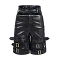 Men's black PU leather cropped shorts with ring detailing and medium-low waist