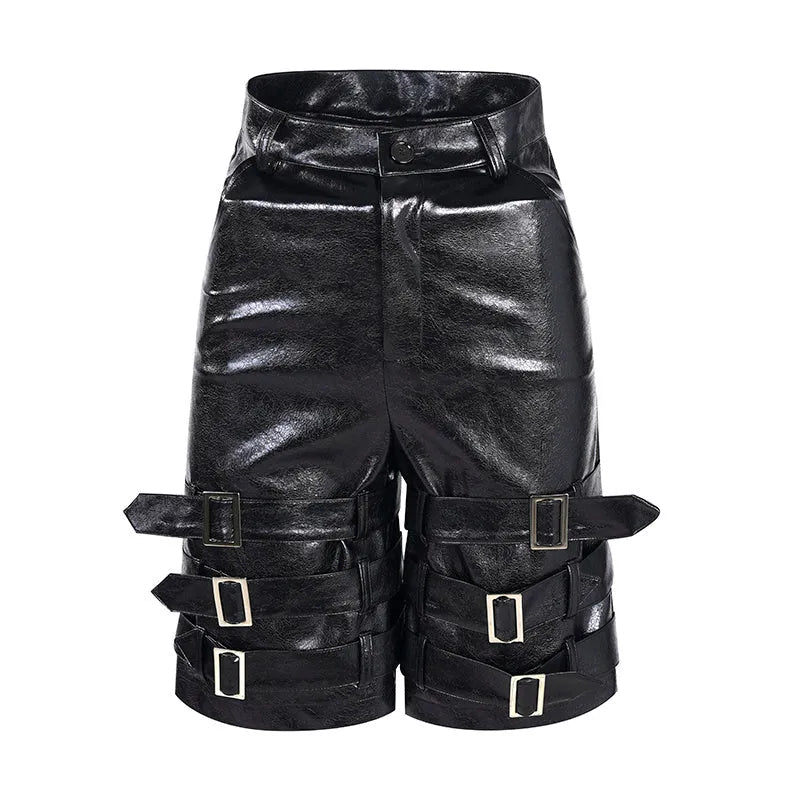 Men's black PU leather cropped shorts with ring detailing and medium-low waist