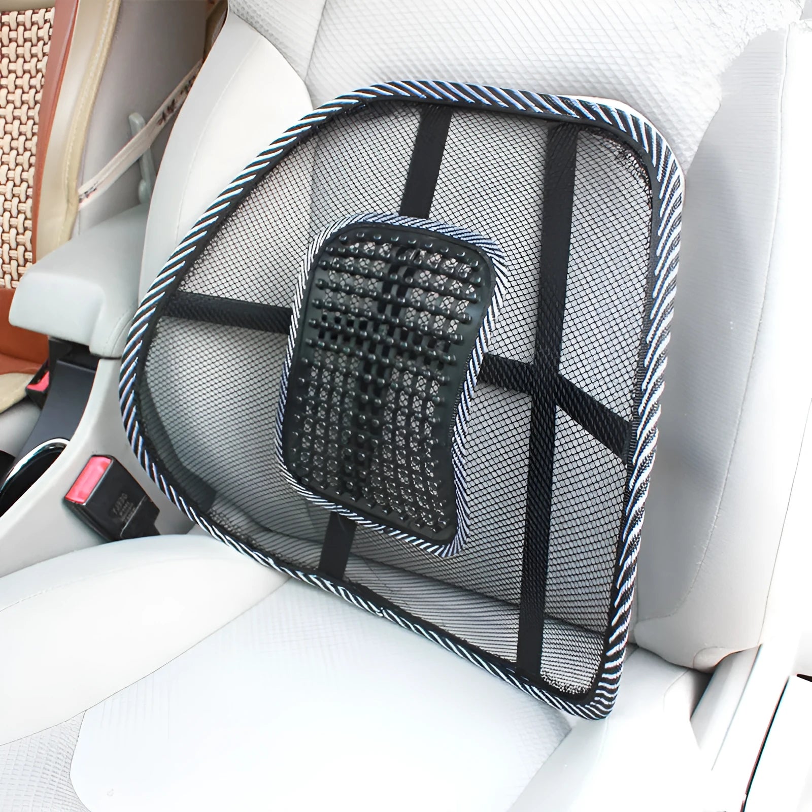Black car lumbar support pillow with leather nail pattern and steel wire frame measuring 41x39cm