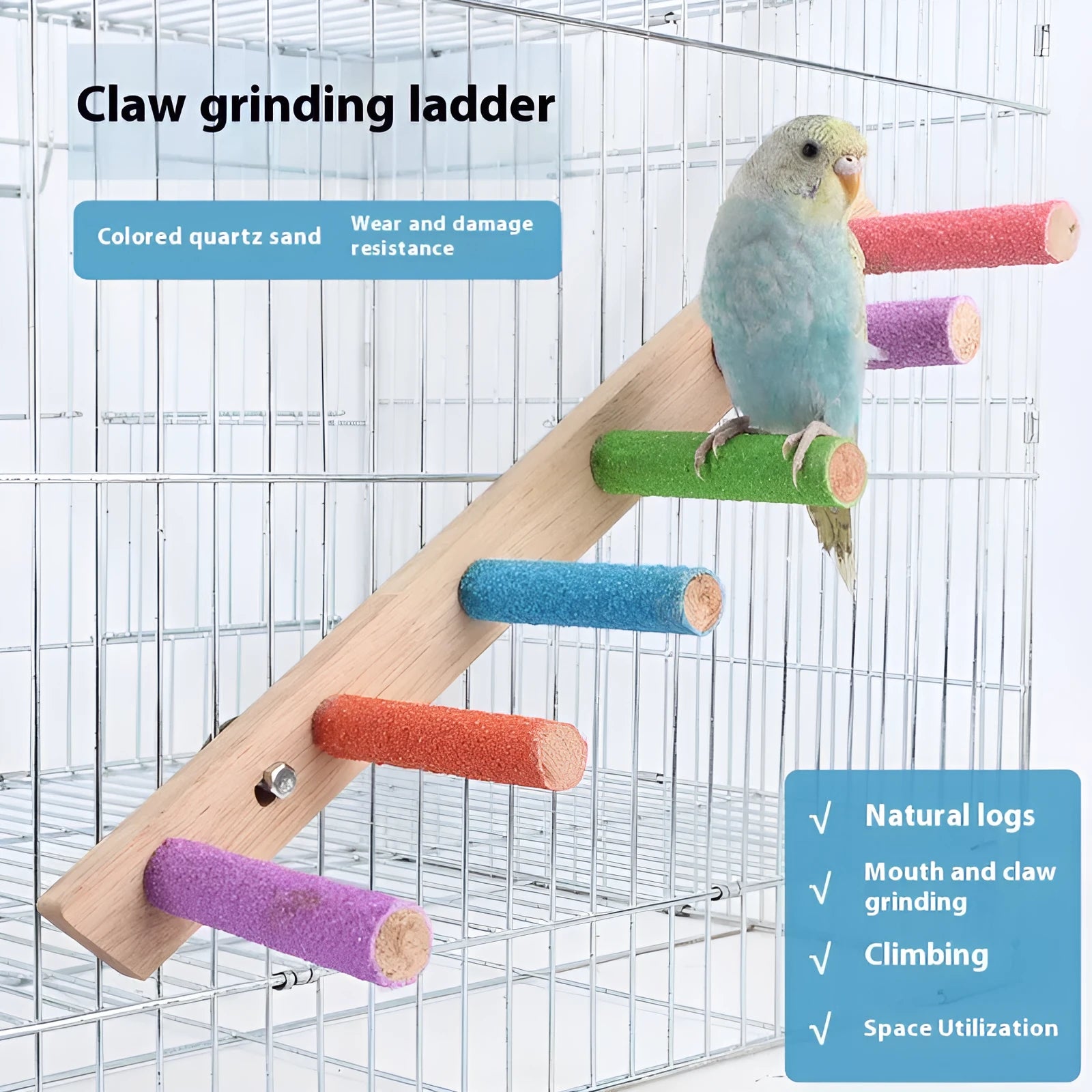 Natural wood frosted parrot grinding stick perch with ladder design