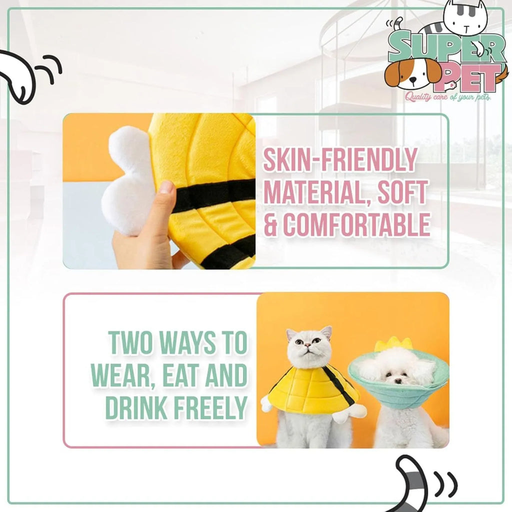 Soft cat cone collar with black and yellow bee design showing Velcro closure and curved protective shape