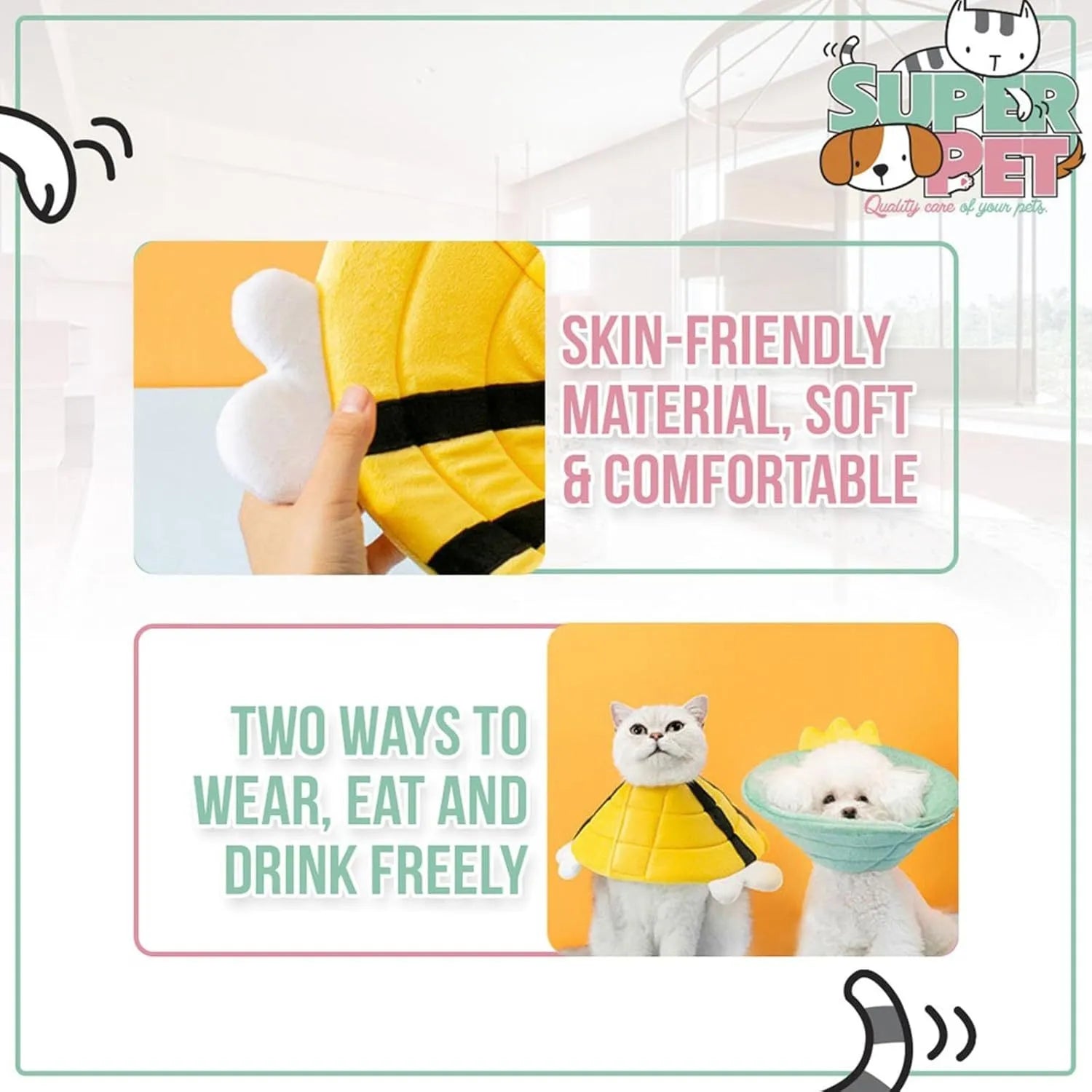 Soft cat cone collar with black and yellow bee design showing Velcro closure and curved protective shape