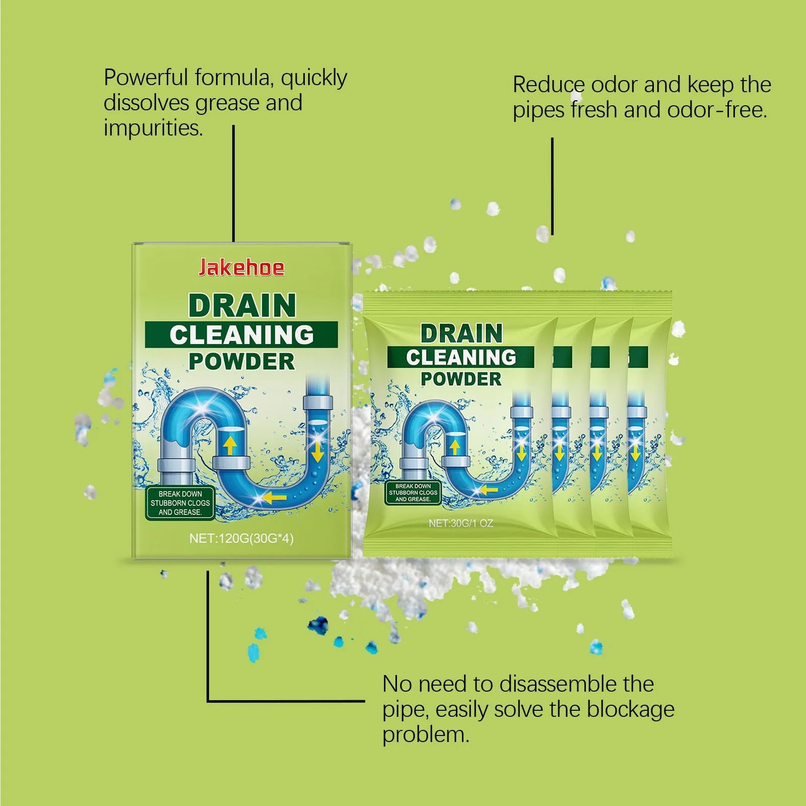 120g pack of drain cleaning powder for unblocking sinks and pipes.