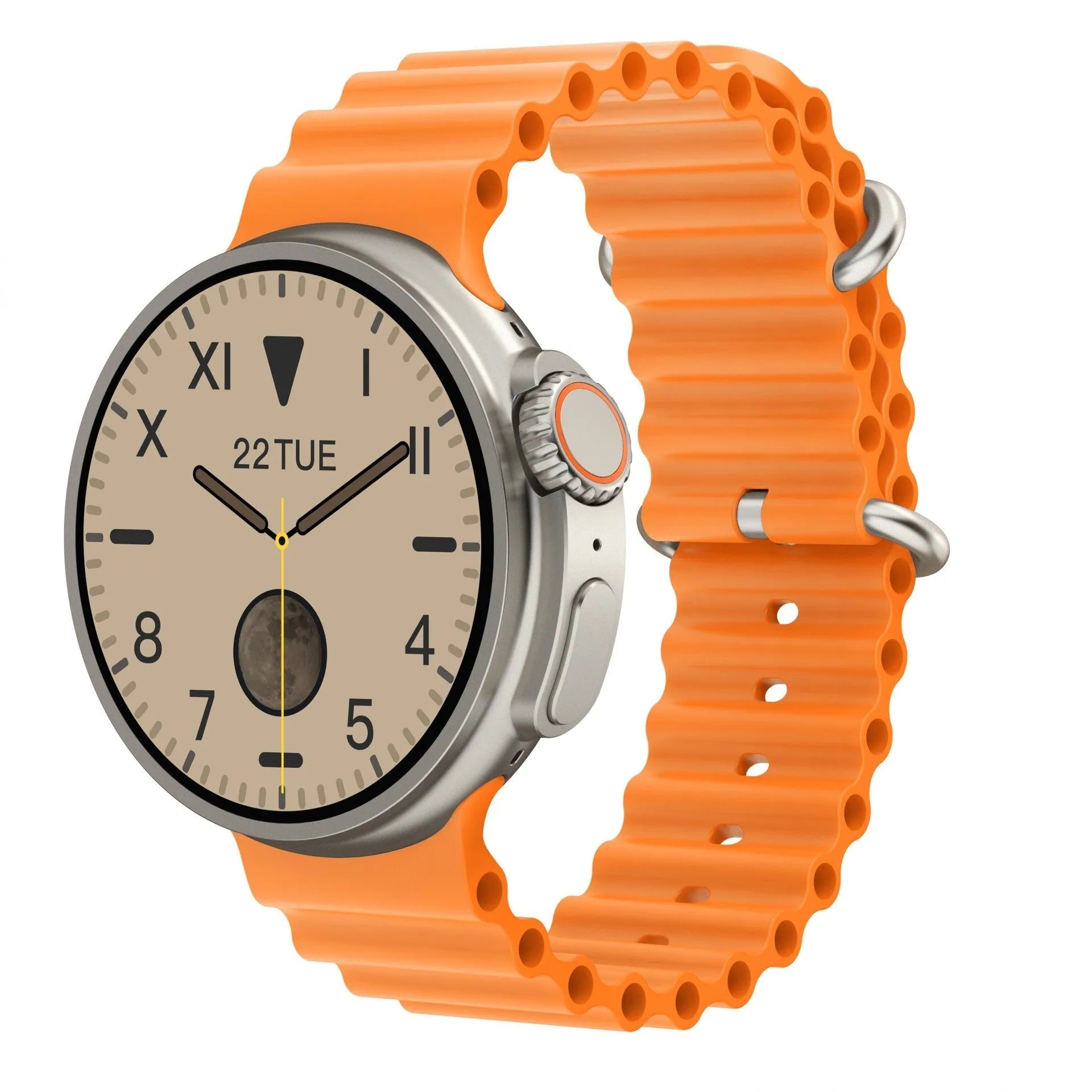 K9 smart watch with round screen and silicone strap, showing health stats and NFC payment icon on display.