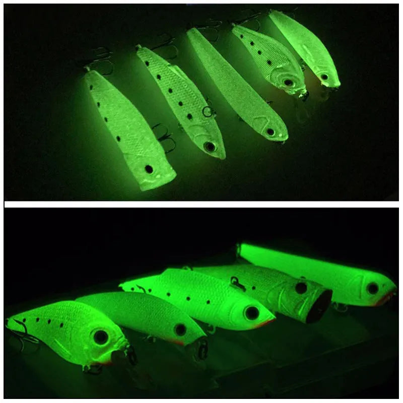 Set of five 3D fluorescent simulation luminous hard bait fishing lures for sub-surface fishing