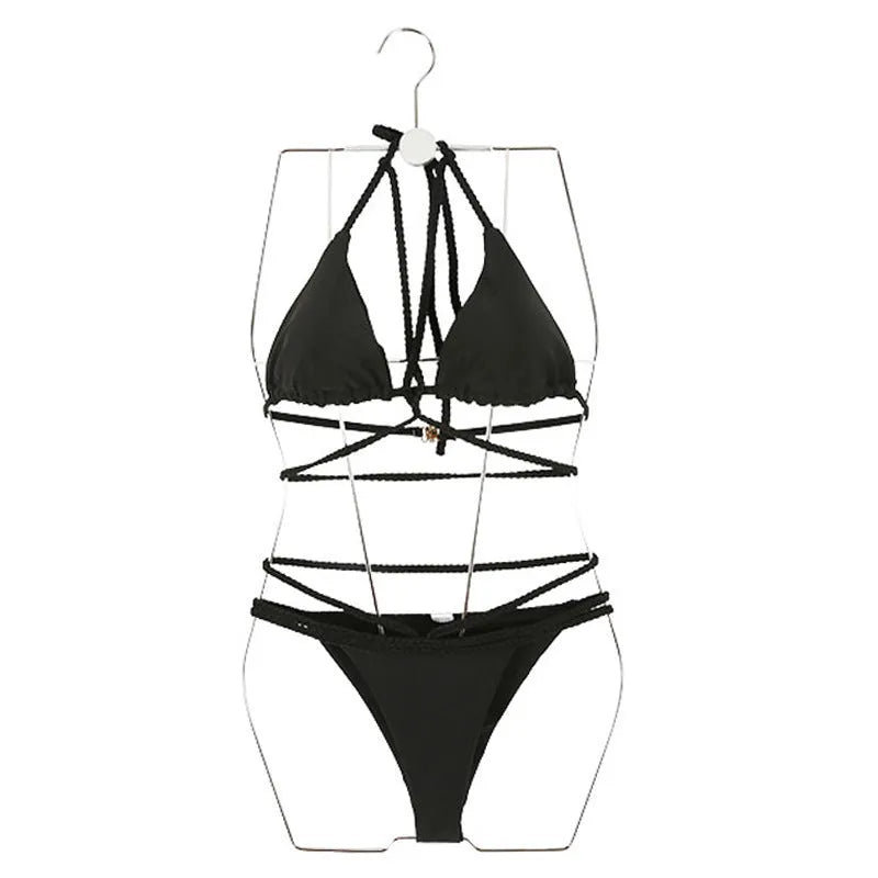 Nylon two-piece hot spring bikini set with top and pants in black and red colours for swimming and wading