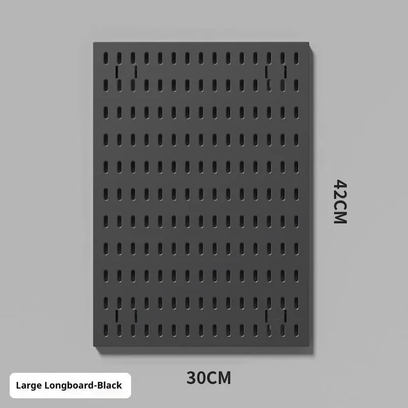 White punch-free plastic wire-wrap board storage rack mounted on a wall with hooks