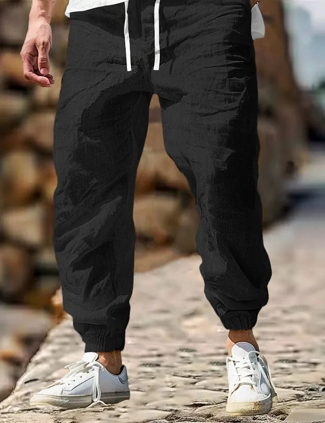 Men's straight-leg cotton summer trousers with elastic waistband in multiple colour options
