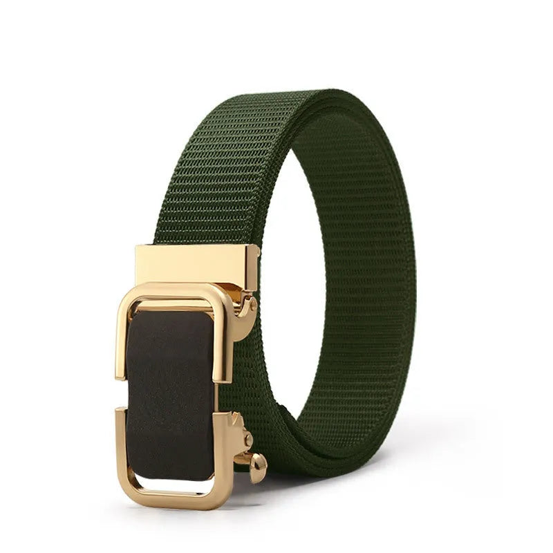 Men's nylon canvas belt with an alloy buckle shown in army green colour with a silver buckle.