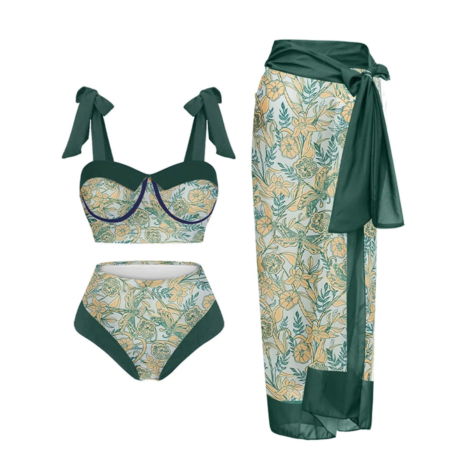 Women's pink printing split swimsuit three-piece set with skirt, bra, and panties on a mannequin.