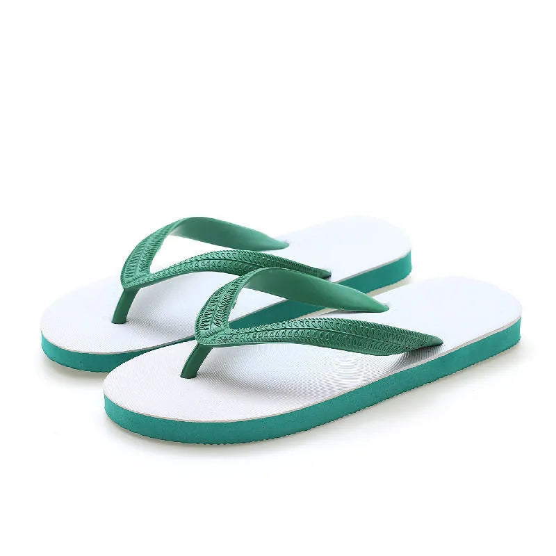 Fish label rubber beach flip-flops in green, red, blue, or black, showing non-slip sole.