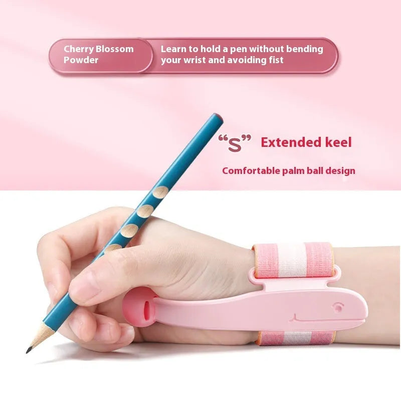 Blue anti-hook wrist brace and pen control corrector for children's writing posture on a table.