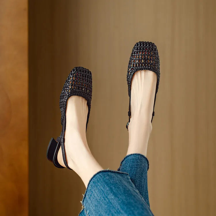 Women's woven hollow-out closed toe sandals with chunky heel and buckle fastening in black and beige colours