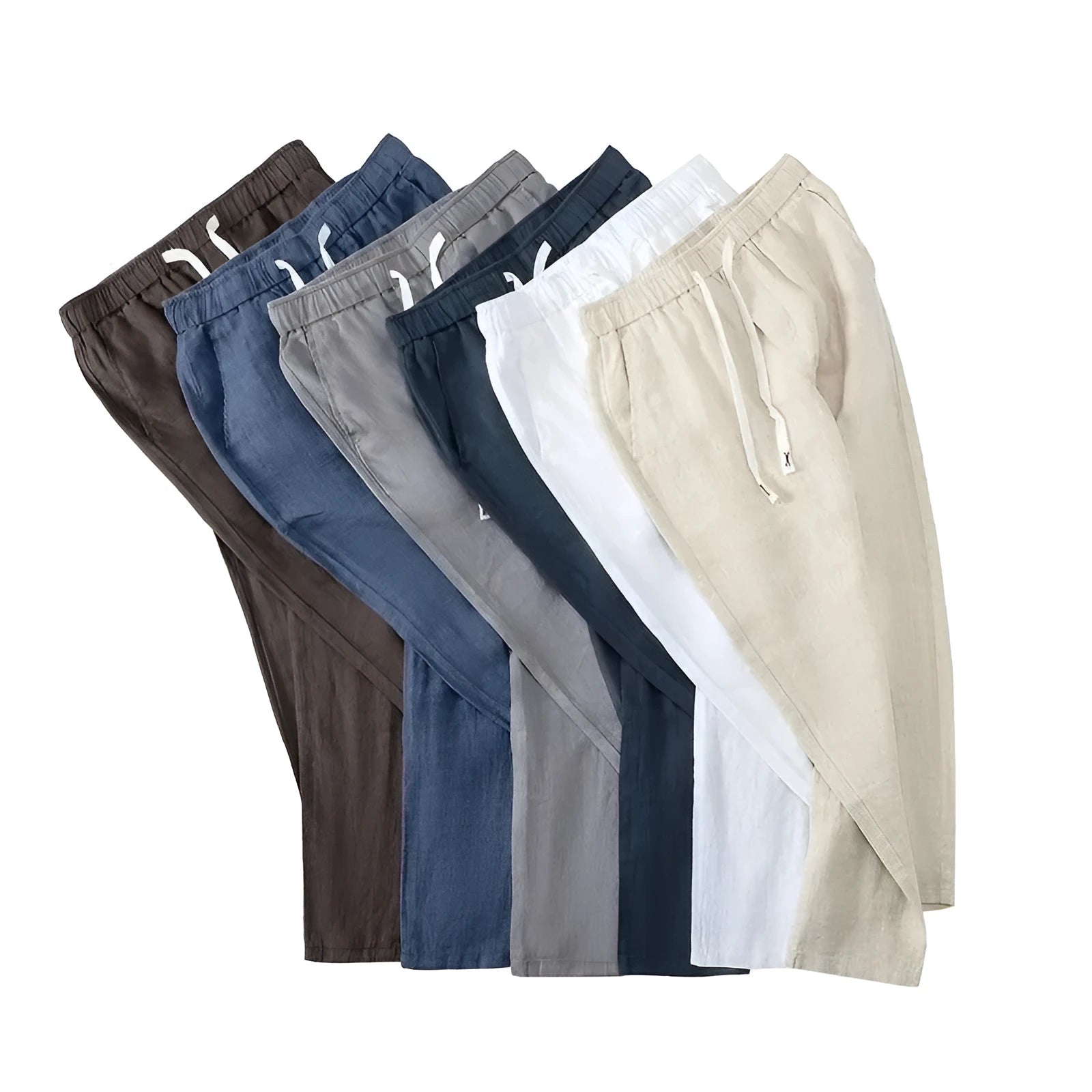 Pure linen Chinese-style straight trousers with elastic waistband in multiple colour options