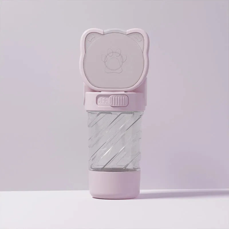 Green pink and white 3 in 1 portable pet water bottle with food container and bag dispenser