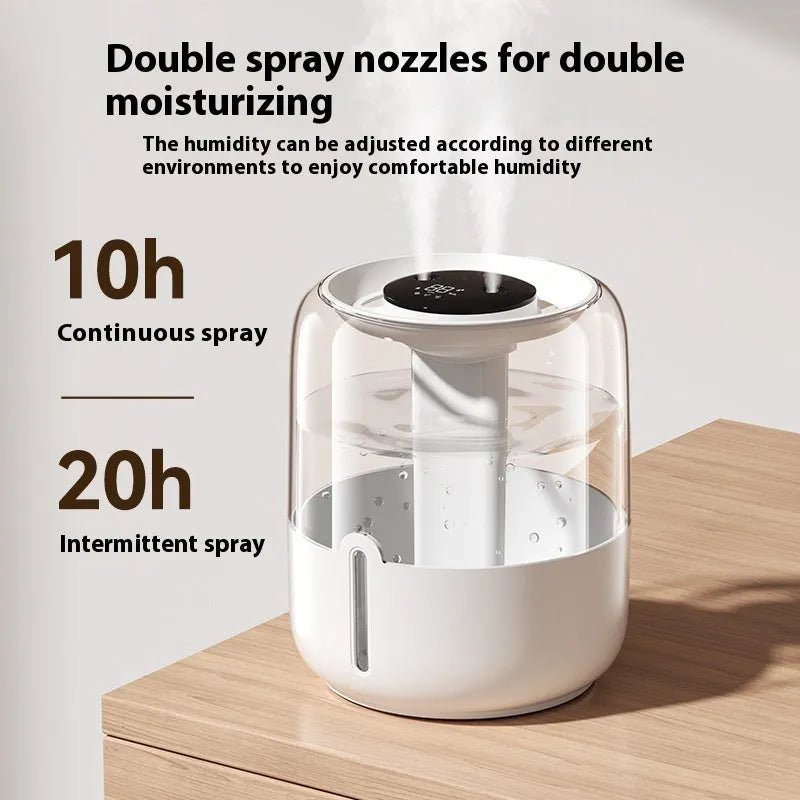 Beige round USB humidifier with dual spray outlets, display screen, and night light.