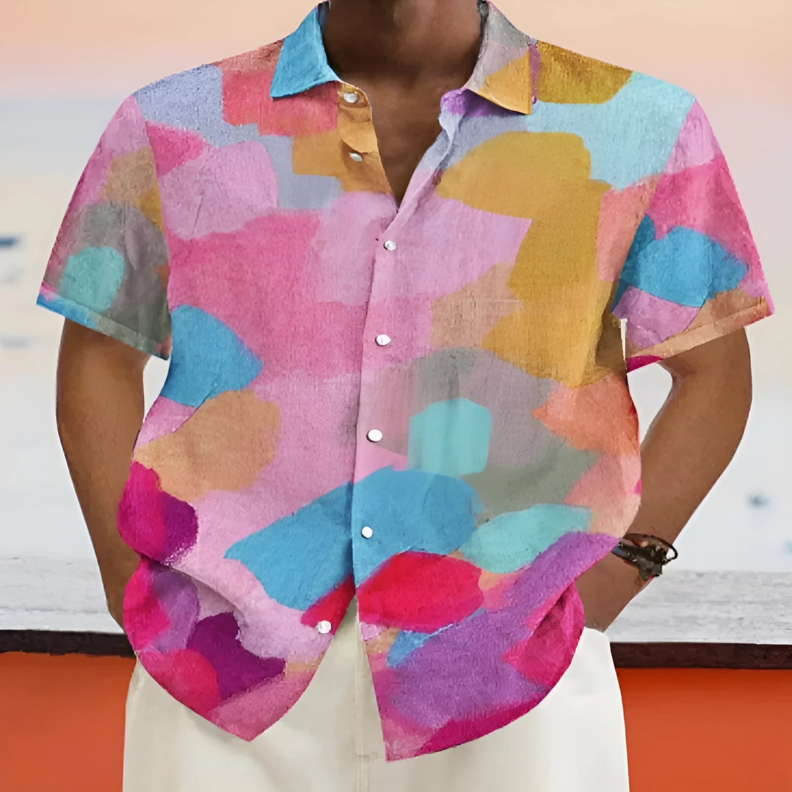 Hawaiian style short sleeve cardigan with stand collar and 3D printing design in polyester fabric