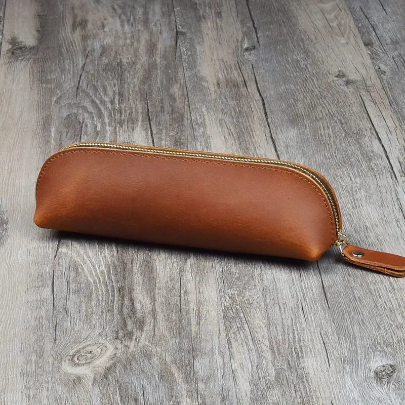 Square cowhide leather pencil case with zipper showing black colour option