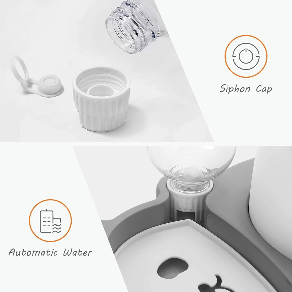 Grey panda-shaped automatic pet water dispenser with tilted stainless steel bowls for cats and small dogs