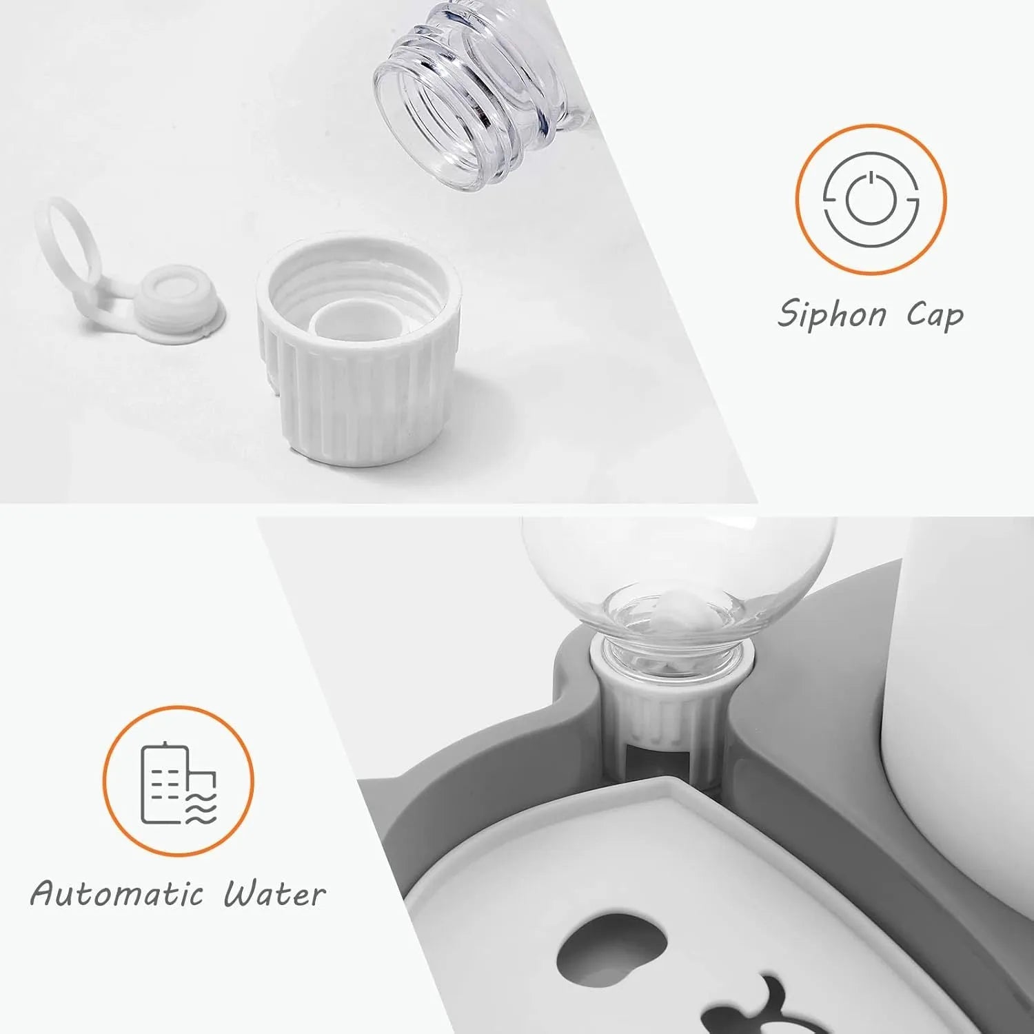 Grey panda-shaped automatic pet water dispenser with tilted stainless steel bowls for cats and small dogs