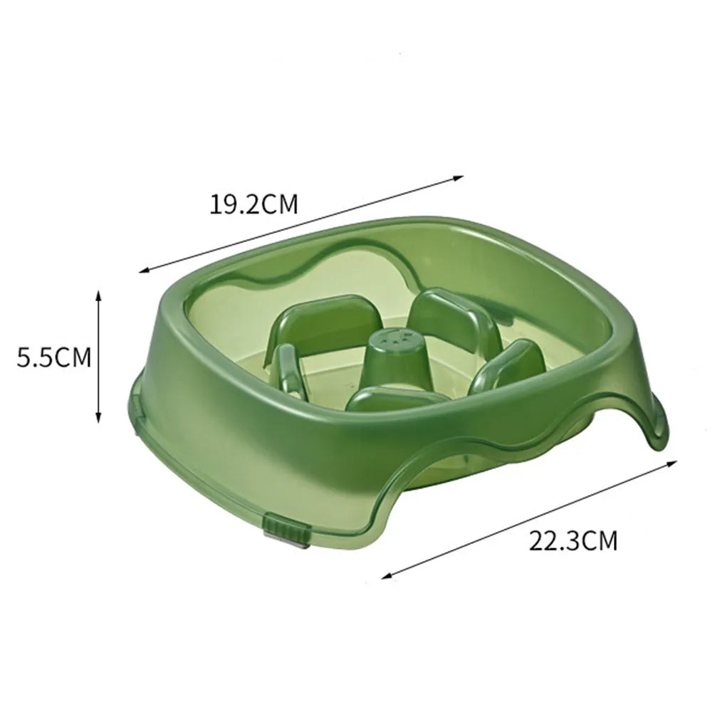 Blue plastic dog slow feeder bowl with anti-choking design on white background