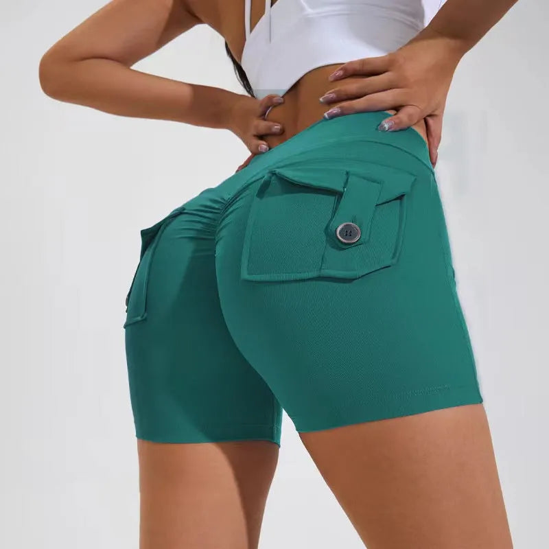 Women's high waist quick-dry nylon sports shorts with pockets in avocado green colour