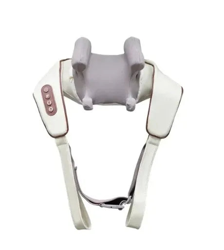 Creamy white rechargeable shoulder and neck massager with kneading function and infrared physiotherapy.