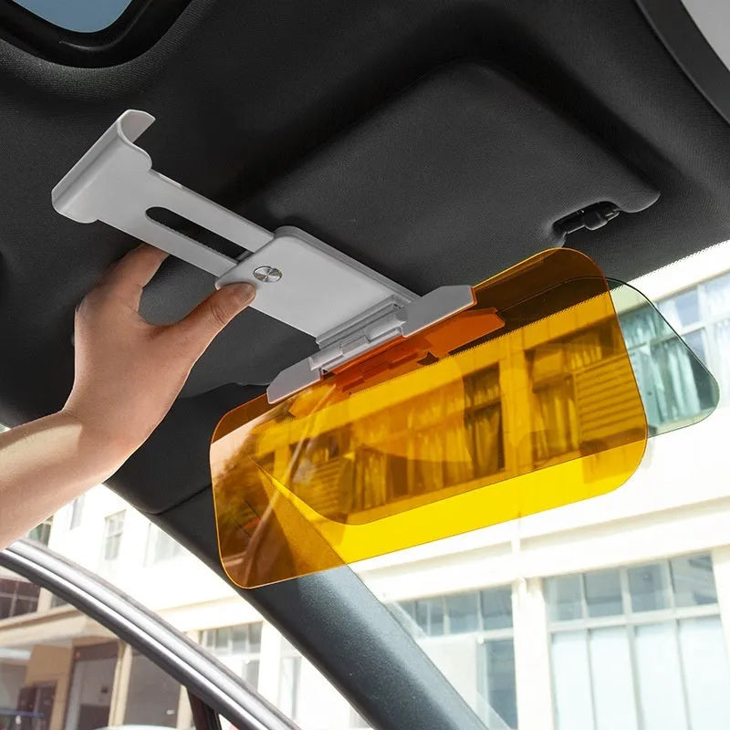 Dual-use car sun visor with anti-high beam goggles showing acrylic lens and adjustment components