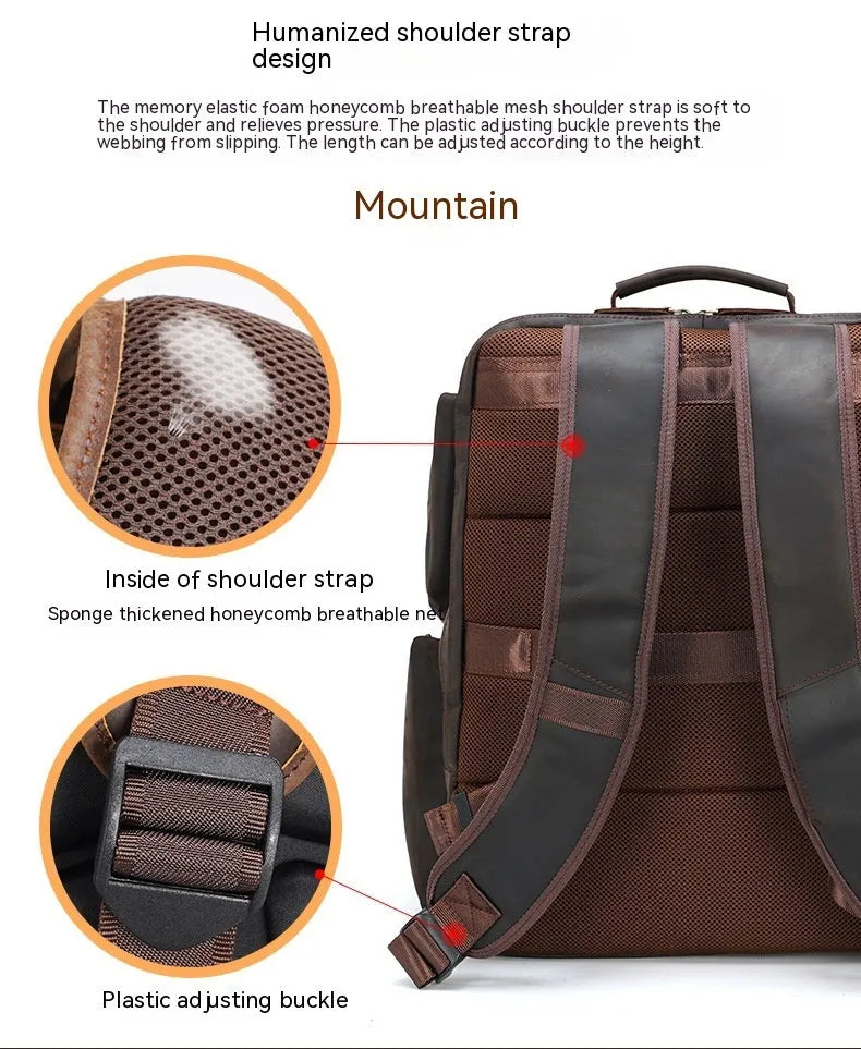 Dark brown genuine cowhide leather backpack with 17-inch laptop compartment and multiple internal organisers