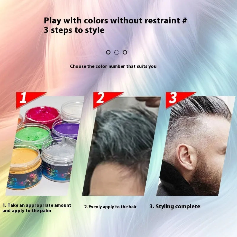 120g container of hair styling clay shown in one of nine colour options: blue, green, purple, red, orange, yellow, white, rose red, or granny grey.