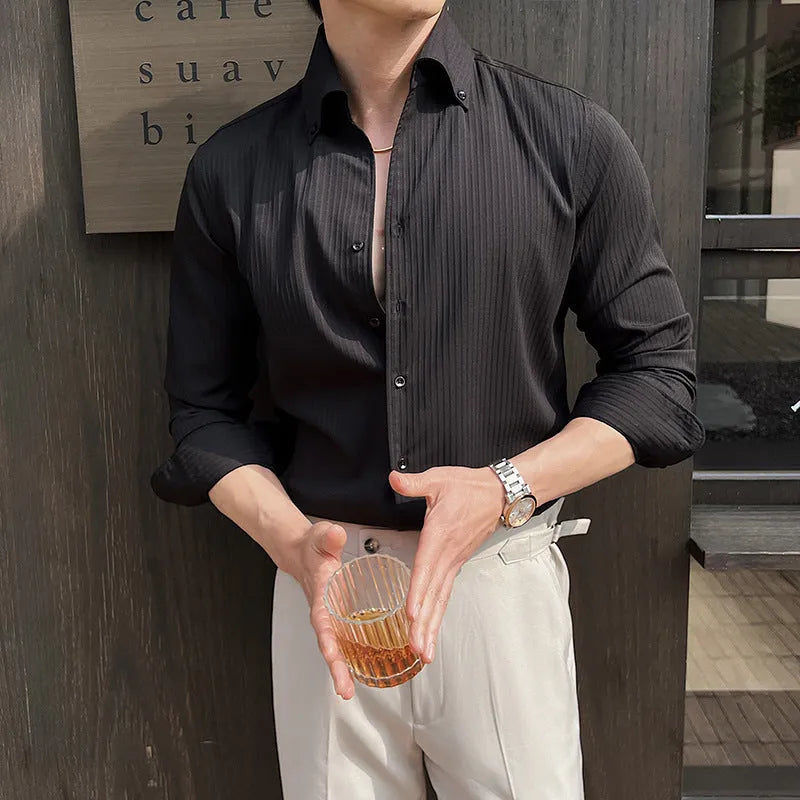 Men's striped V-neck long sleeve casual shirt in a cardigan style, shown in multiple colours.