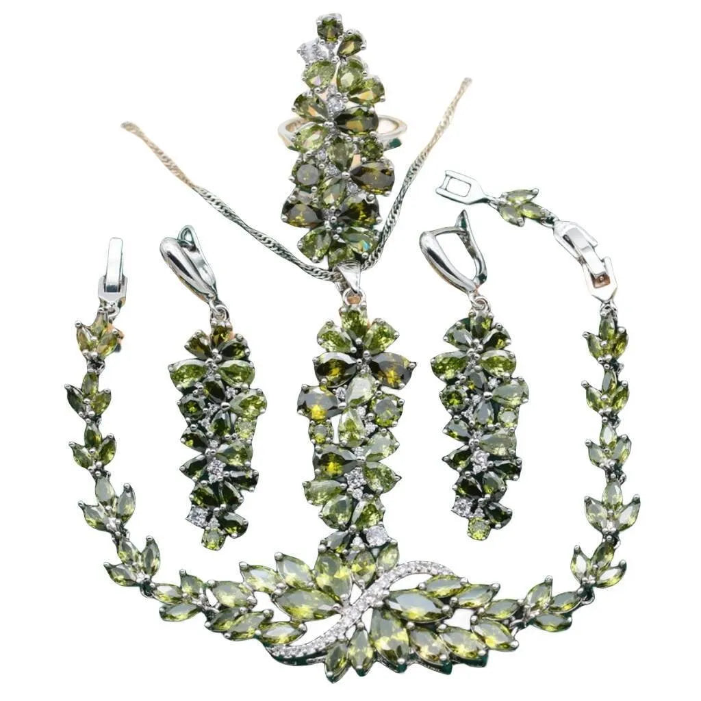 Retro botanical jewellery set with plants pattern in alloy and copper with zircon stones