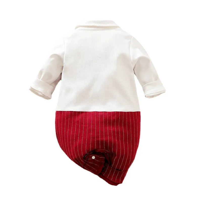 Wine red long sleeve cotton baby boy romper one-piece suit for autumn and spring.
