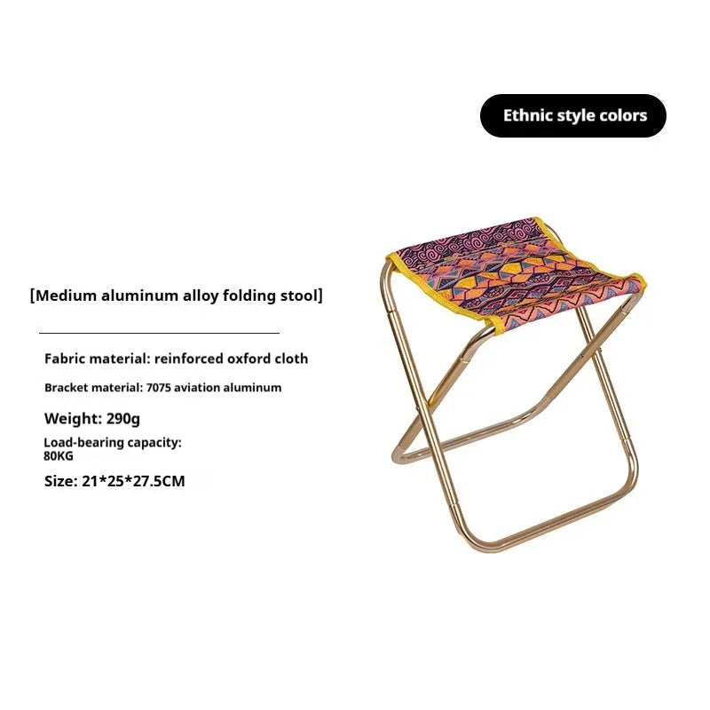 Black aluminium alloy folding camping stool shown in folded and unfolded positions.