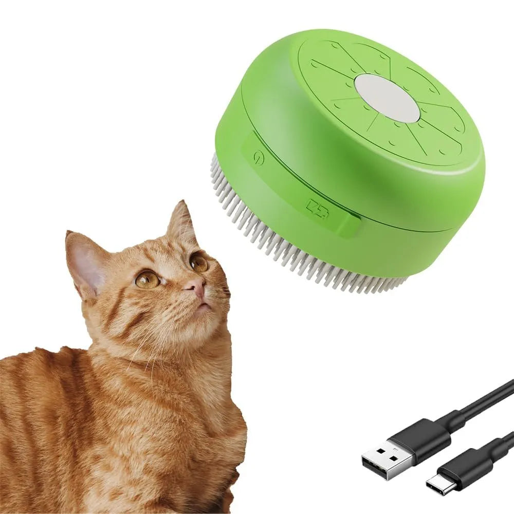 Rechargeable green and yellow silicone steam brush for cat and dog grooming.