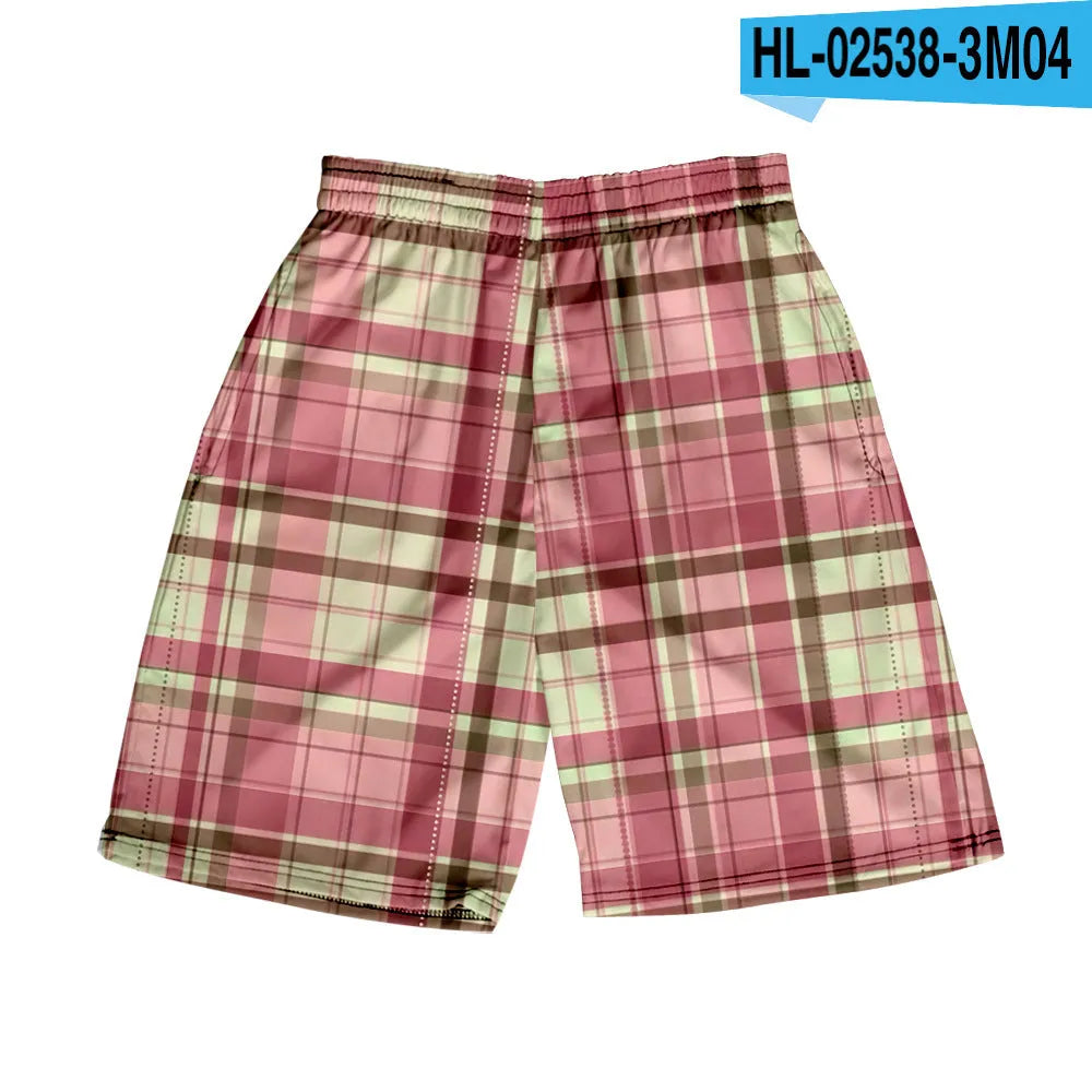 Men's straight cut plaid shorts in polyester fabric with elastic waistband