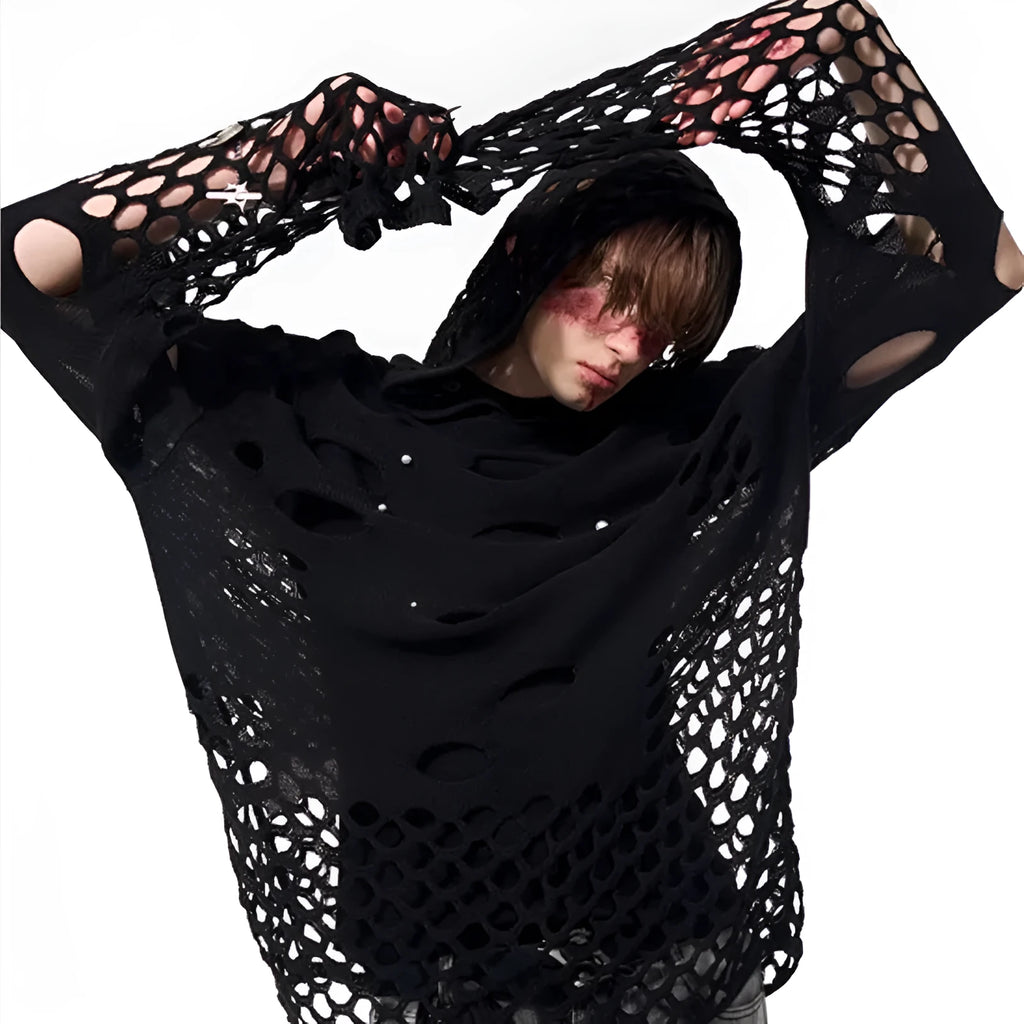 Black men's loose-fit hollow knit hoodie with pearl decorative detail on the front.