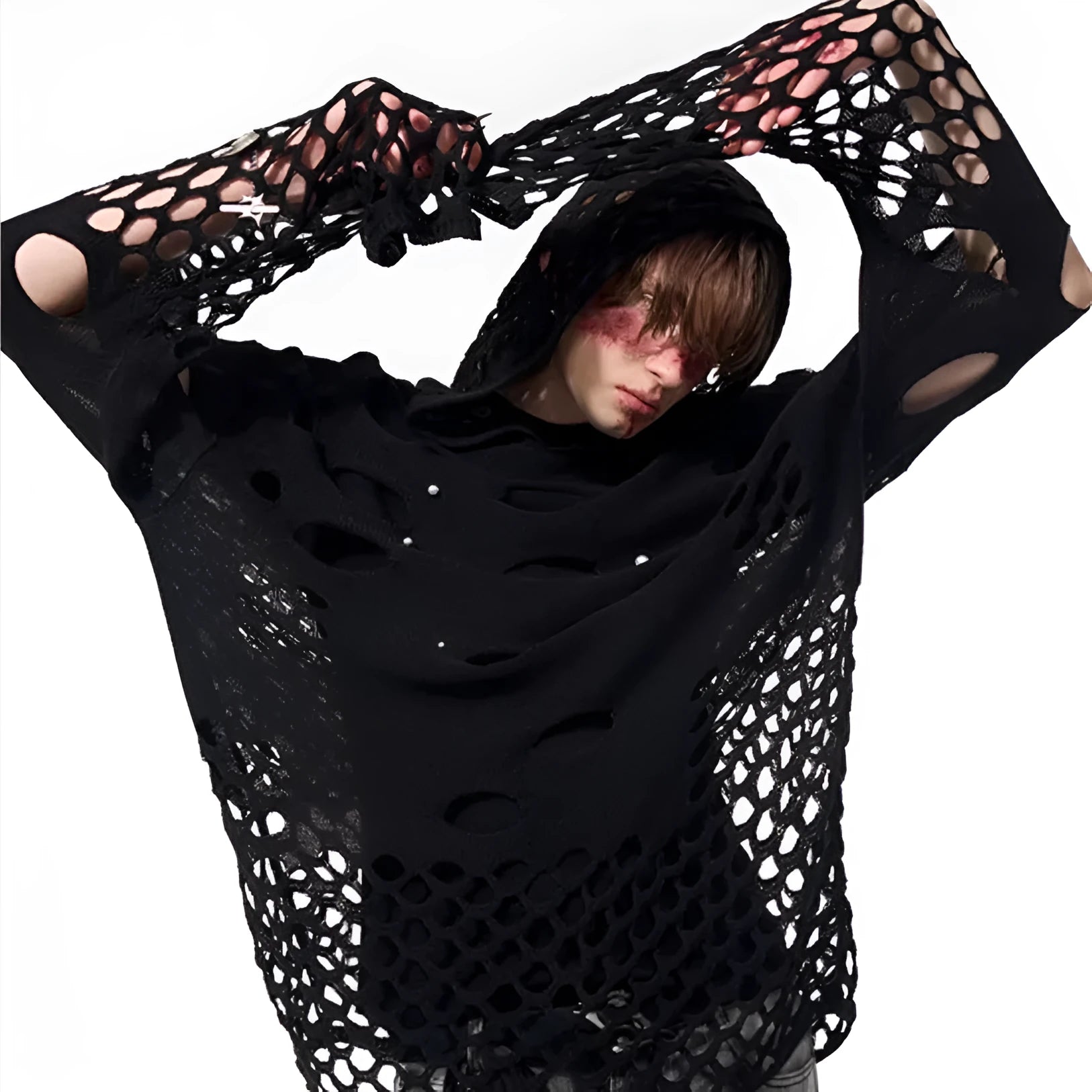 Black men's loose-fit hollow knit hoodie with pearl decorative detail on the front.