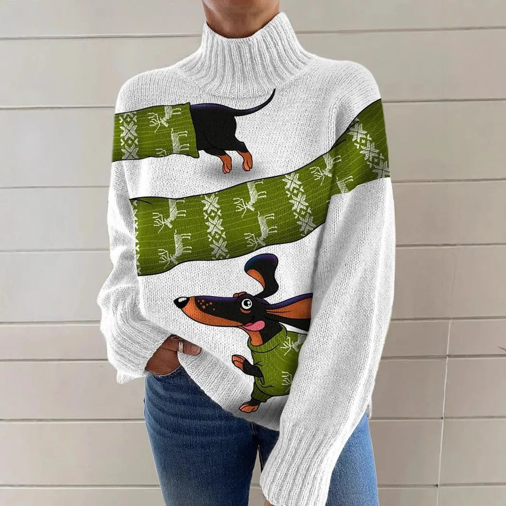 Women's loose-fit Christmas printed turtleneck sweater in polyester with turtleneck collar and long sleeves