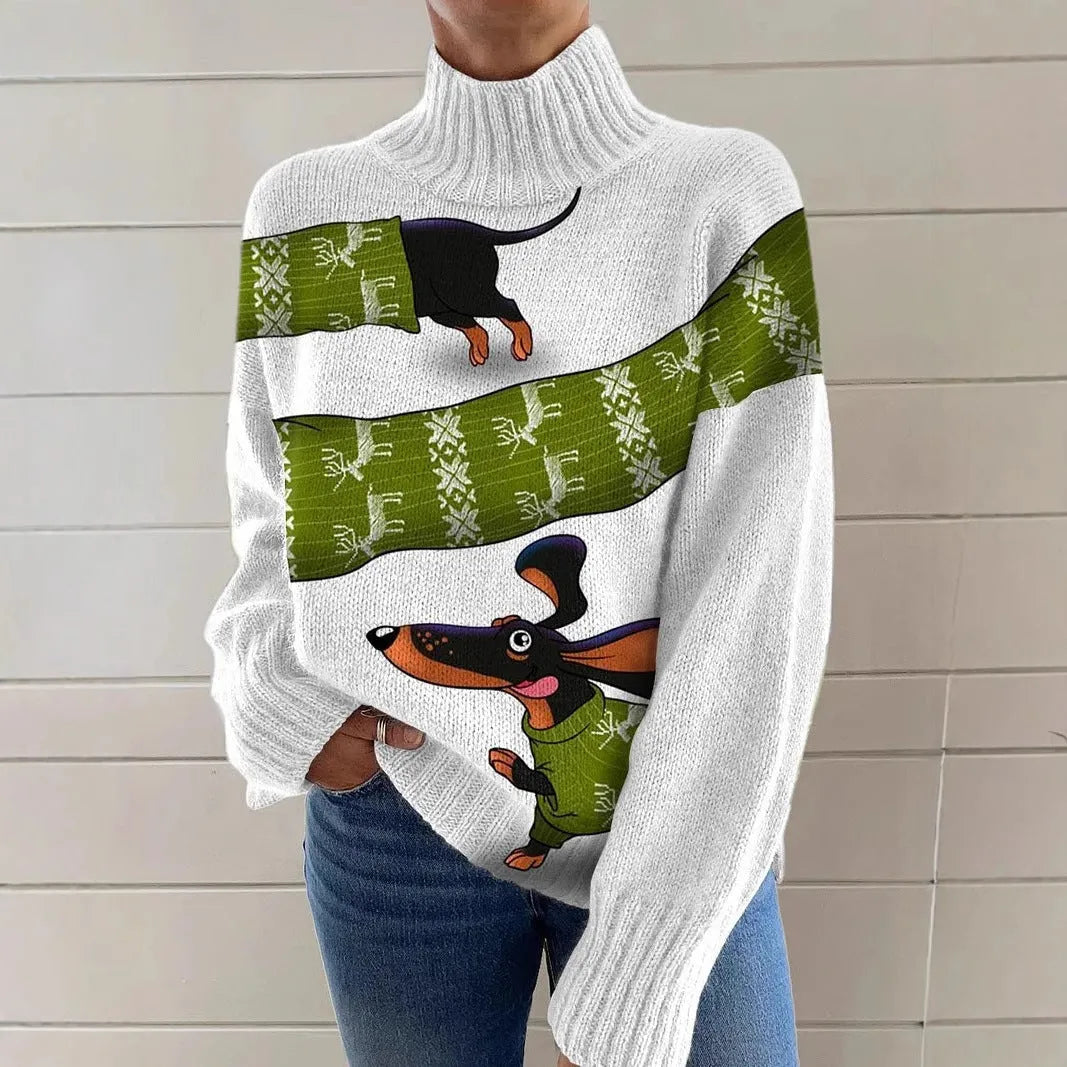 Women's loose-fit Christmas printed turtleneck sweater in polyester with turtleneck collar and long sleeves