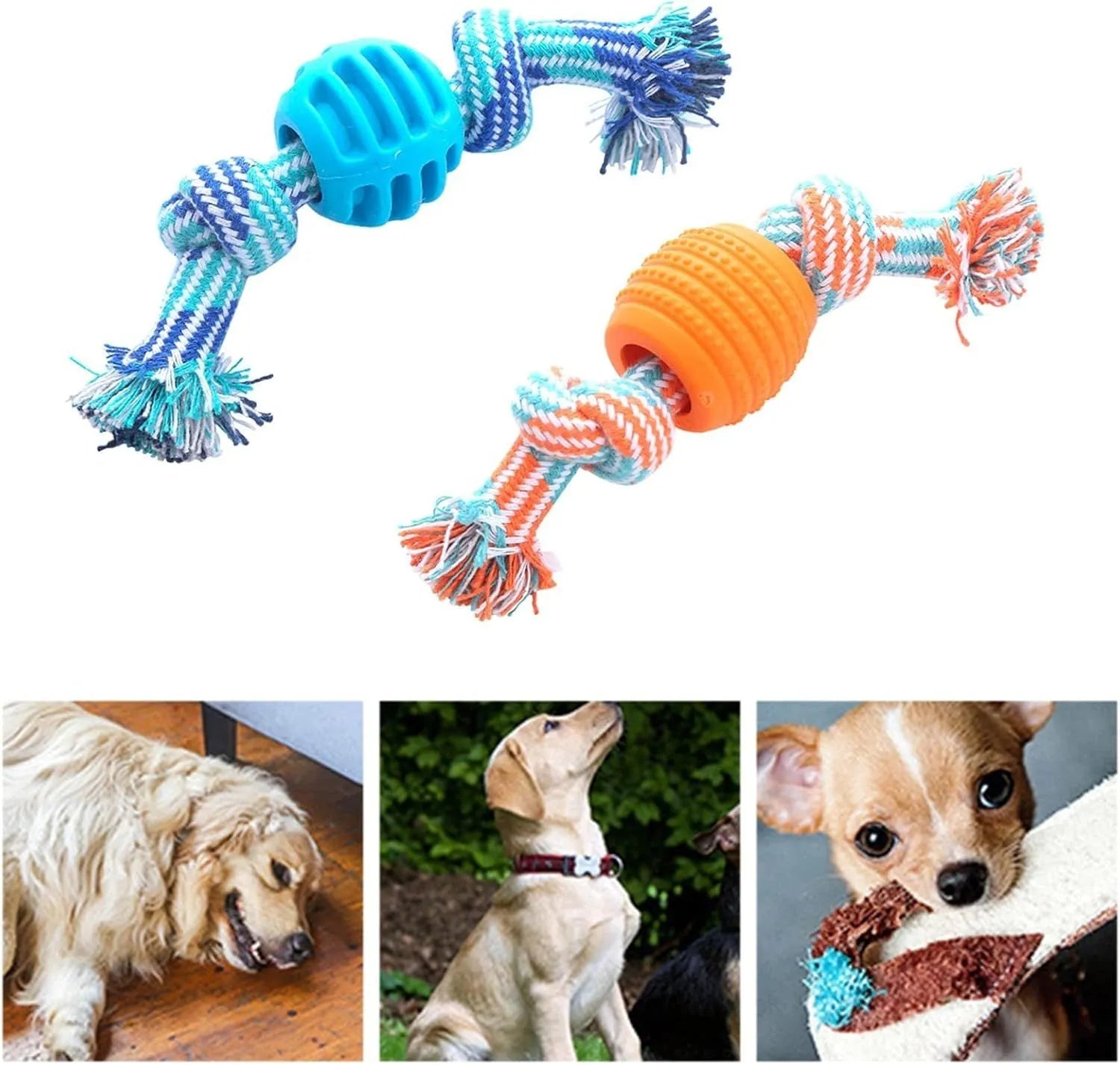 Blue dog chew toy with integrated rope cord for dental cleaning and oral health maintenance