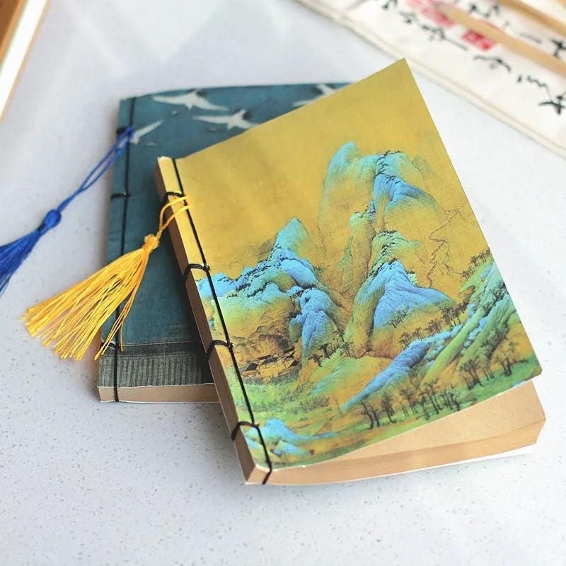 A5 antique wire-bound notebook with retro painting design on white cowhide cover