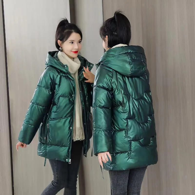 Loose fit women's winter hooded jacket in black, blue, champagne or green colour
