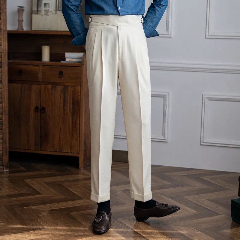 Men's high-waist straight-leg casual trousers in black, shown flat.